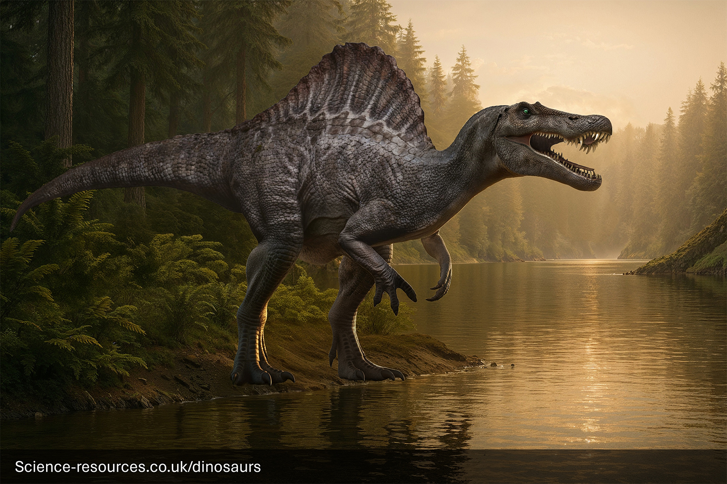Spinosaurus (as depicted in the Jurassic park movie franchise) standing in a prehistoric clearing.